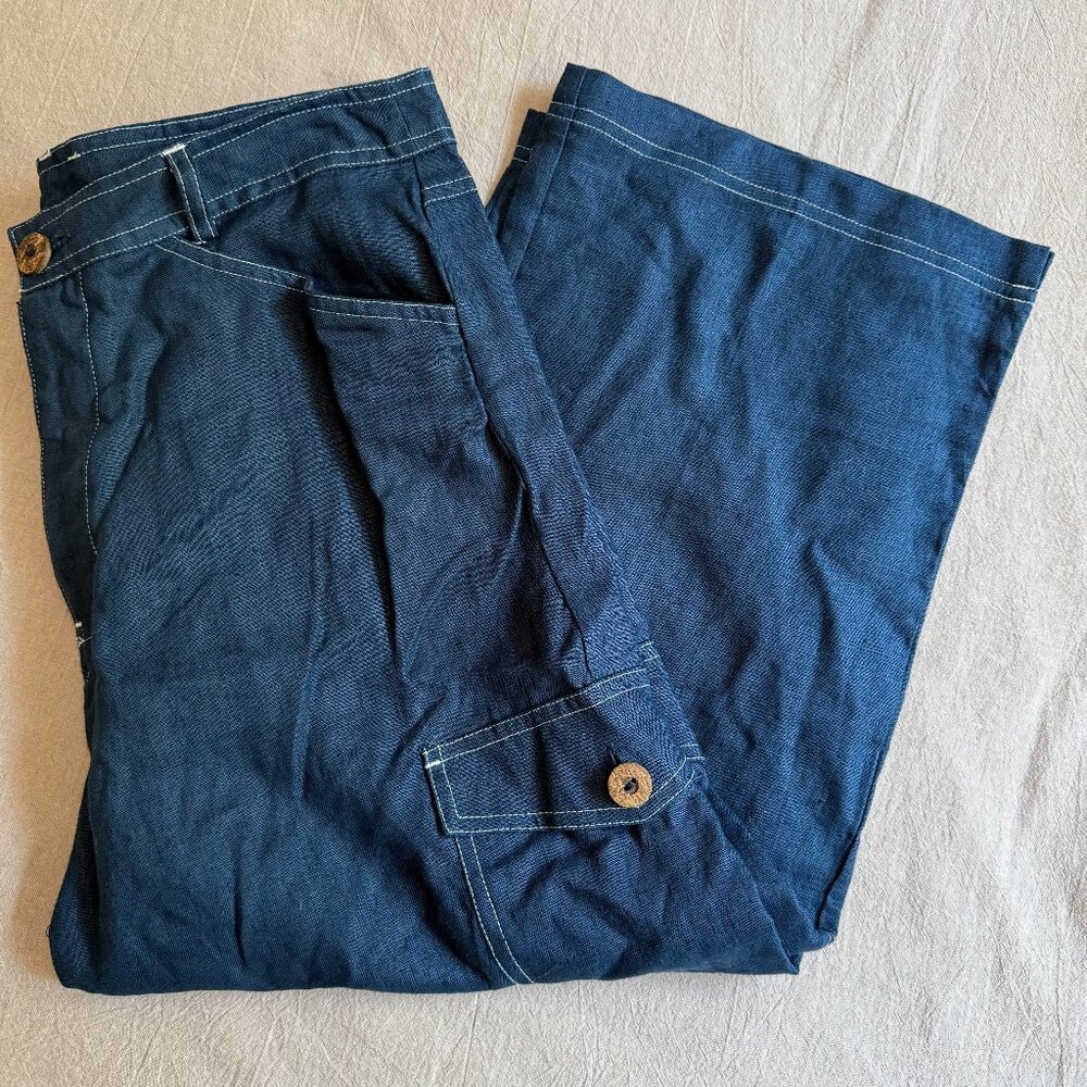 NWT Sharon Anthony Blue Linen Cropped Cargo Pants Size 10P‎